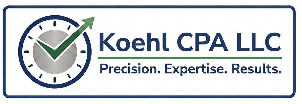 Koehl CPA LLC logo — Precision. Expertise. Results. Louisiana CPA firm offering tax, bookkeeping, advisory, and fractional CFO services.